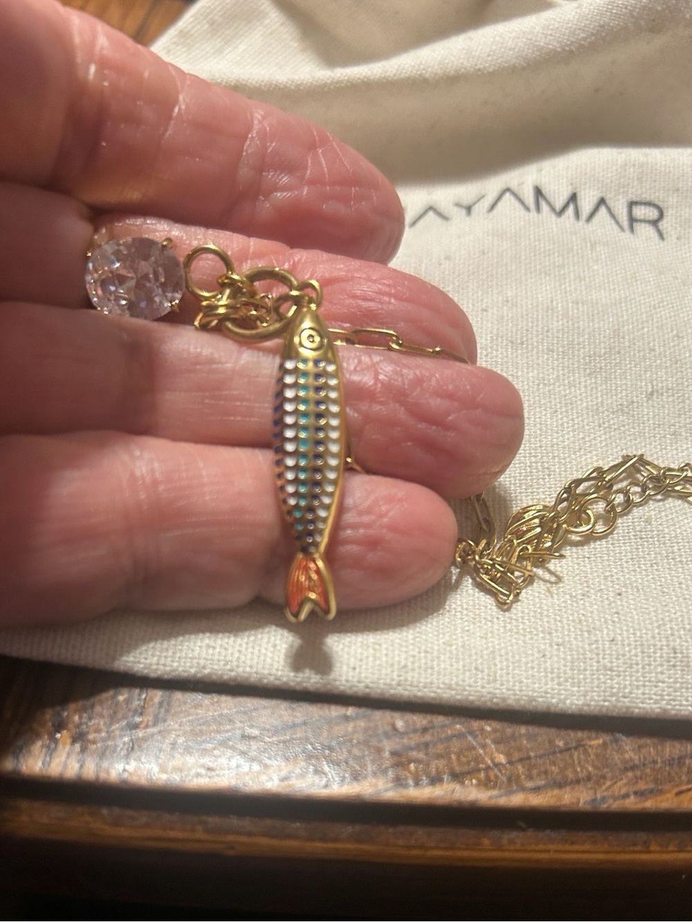 Multi Color Fish Charm Paper Clip Necklace w Crystal Pendant MAYAMAR New in Bag - Picture 5 of 5
